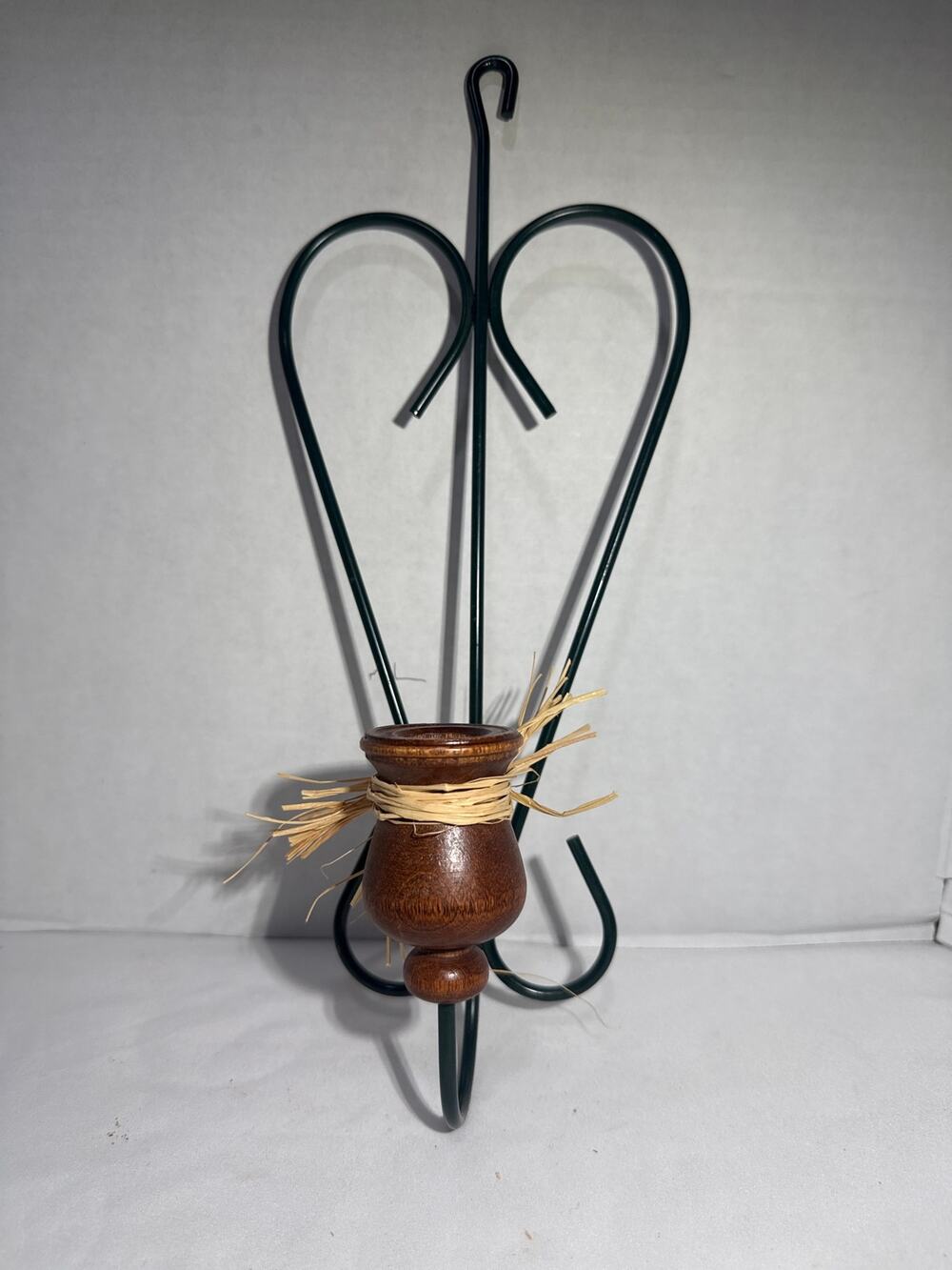 Primitive Wire Heart Hanging Candle Holder 12" Wood Cup Raffia Country Decor